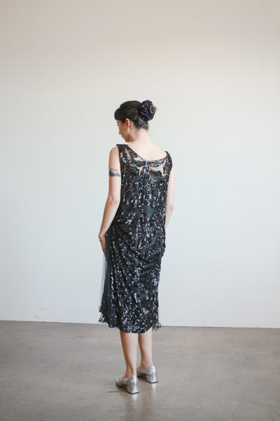 1920s Black Sequin Drop Waist Dress