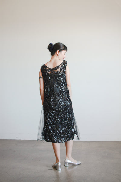 1920s Black Sequin Drop Waist Dress