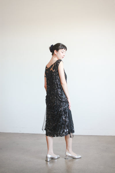 1920s Black Sequin Drop Waist Dress