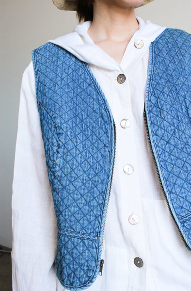 1990s Blue Cotton Quilted Zip Vest