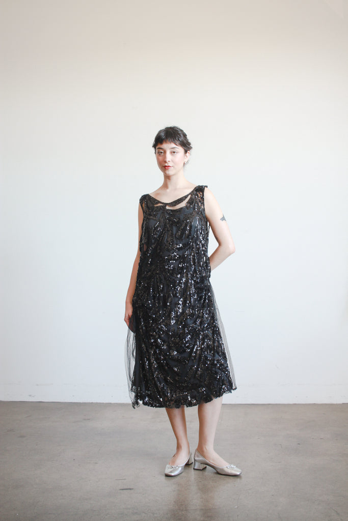 1920s Black Sequin Drop Waist Dress 1920s Black Sequin Drop Waist Dress