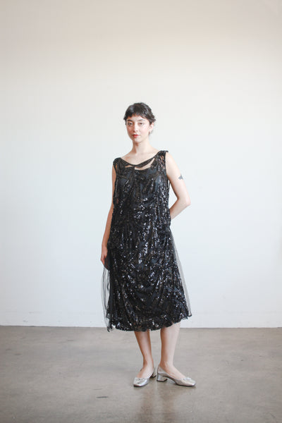 1920s Black Sequin Drop Waist Dress