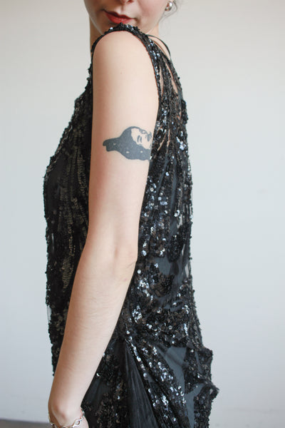 1920s Black Sequin Drop Waist Dress