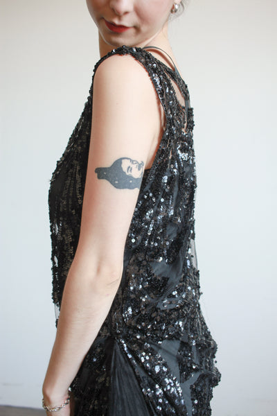 1920s Black Sequin Drop Waist Dress