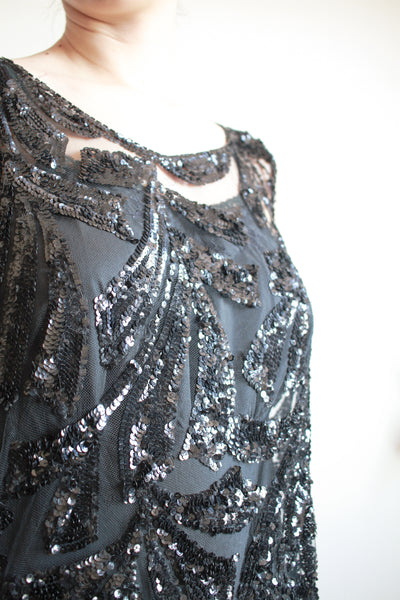 1920s Black Sequin Drop Waist Dress