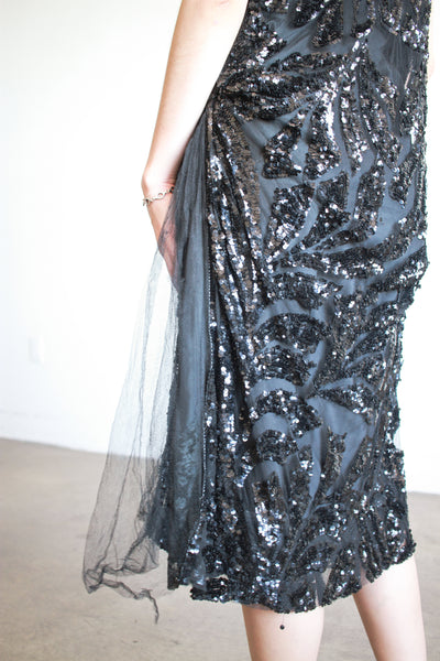 1920s Black Sequin Drop Waist Dress