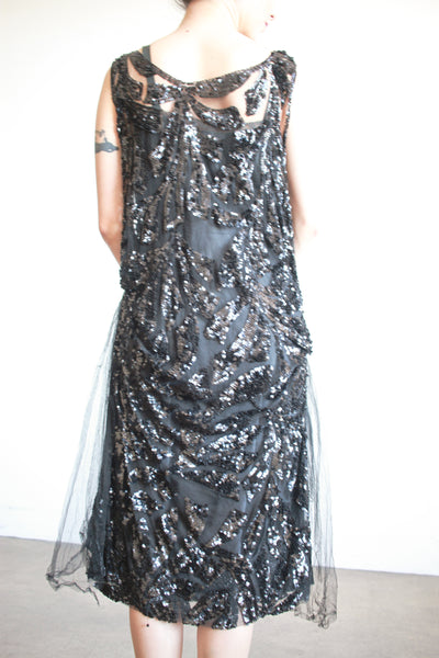 1920s Black Sequin Drop Waist Dress