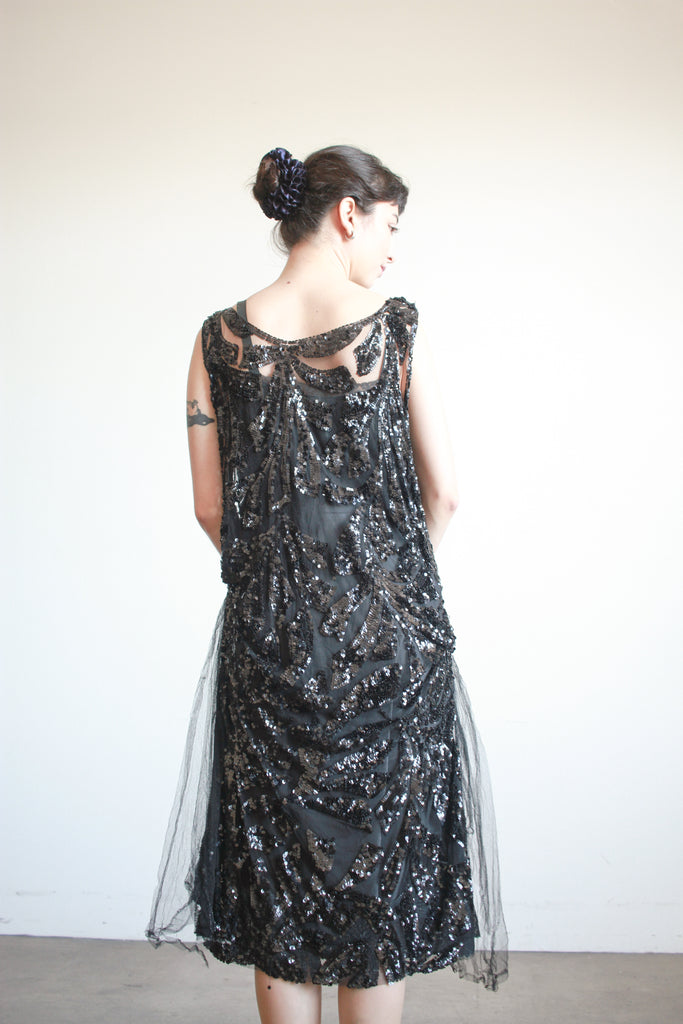 1920s Black Sequin Drop Waist Dress Blossom Vintage 1920s Black Sequin Drop Waist Dress Blossom Vintage