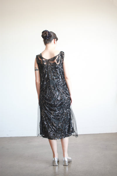1920s Black Sequin Drop Waist Dress