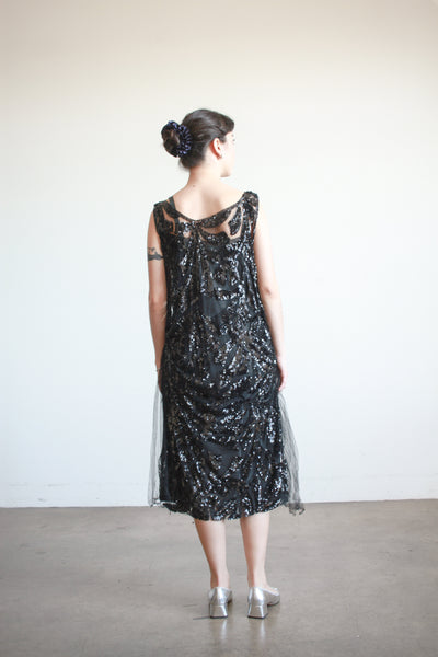 1920s Black Sequin Drop Waist Dress