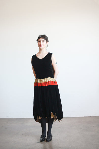 1920s Black Silk Velvet Scalloped Lamé Dress