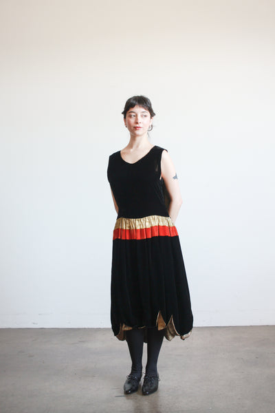 1920s Black Silk Velvet Scalloped Lamé Dress