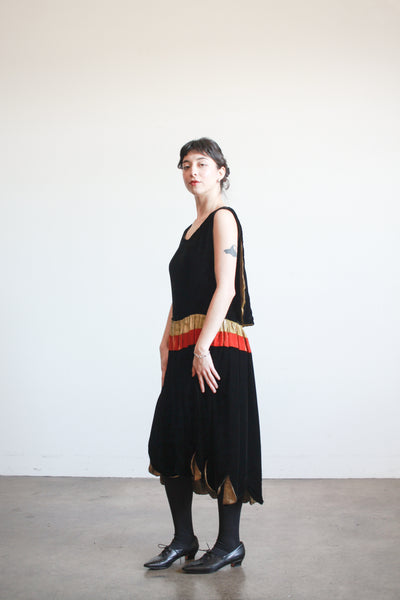 1920s Black Silk Velvet Scalloped Lamé Dress