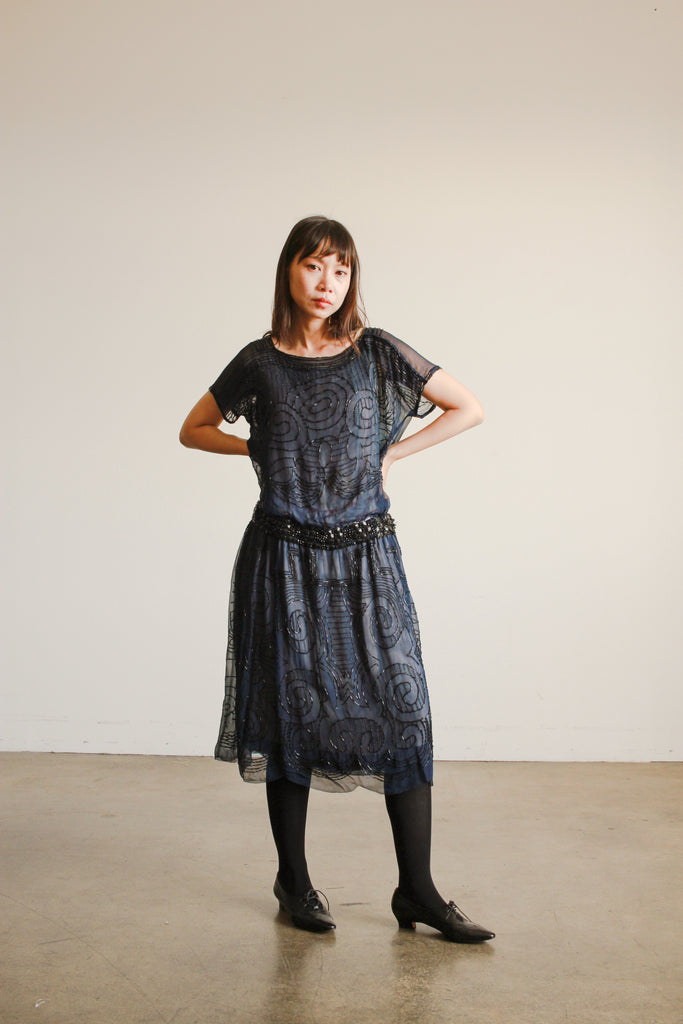 1920s Navy Silk Handmade Beaded Blouson Dress Blossom Vintage 1920s Navy Silk Handmade Beaded Blouson Dress Blossom Vintage