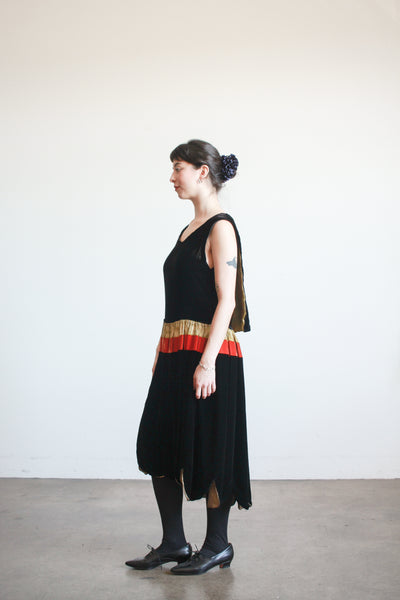1920s Black Silk Velvet Scalloped Lamé Dress