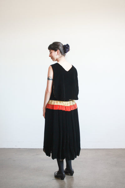 1920s Black Silk Velvet Scalloped Lamé Dress