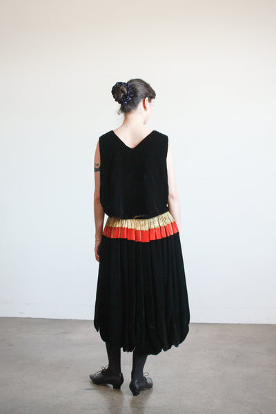1920s Black Silk Velvet Scalloped Lamé Dress
