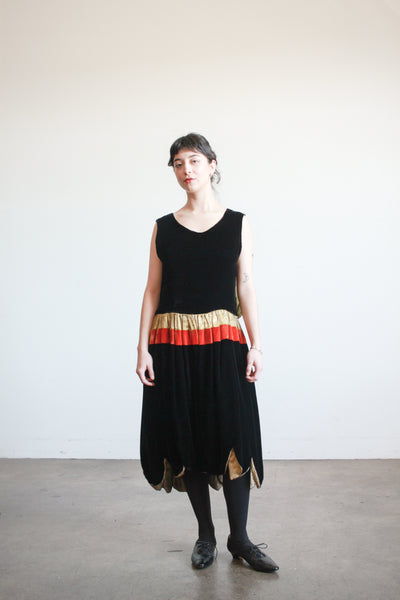 1920s Black Silk Velvet Scalloped Lamé Dress