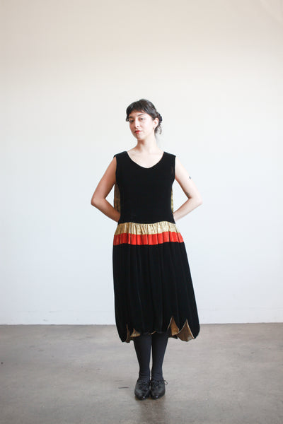 1920s Black Silk Velvet Scalloped Lamé Dress
