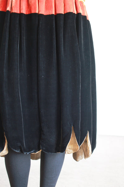 1920s Black Silk Velvet Scalloped Lamé Dress