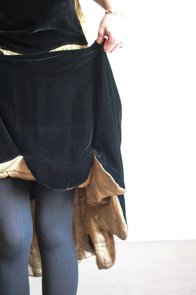 1920s Black Silk Velvet Scalloped Lamé Dress