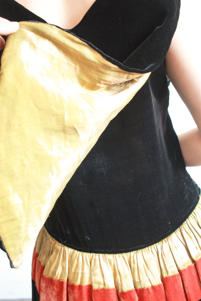 1920s Black Silk Velvet Scalloped Lamé Dress