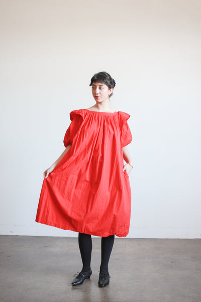 1980s Cherry Red Cotton Puff Sleeve Trapeez Dress