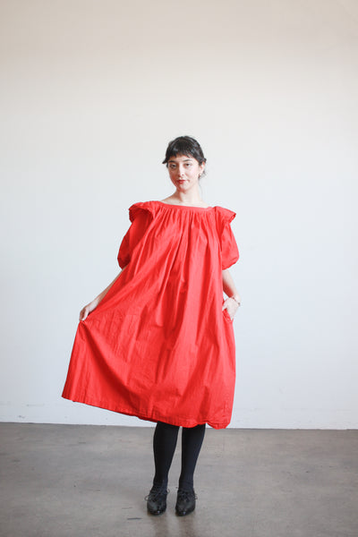 1980s Cherry Red Cotton Puff Sleeve Trapeez Dress
