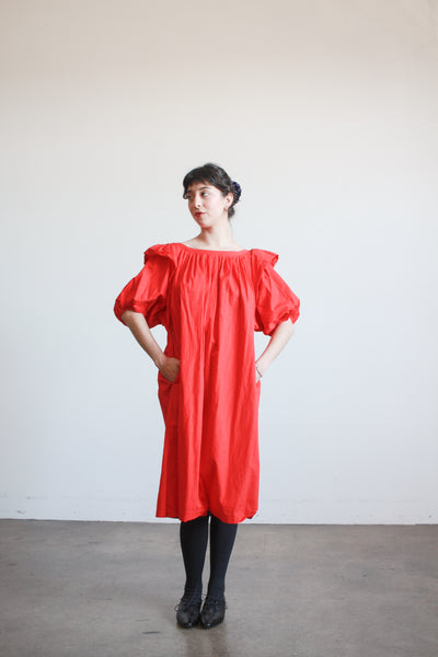 1980s Cherry Red Cotton Puff Sleeve Trapeez Dress