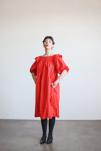 1980s Cherry Red Cotton Puff Sleeve Trapeez Dress