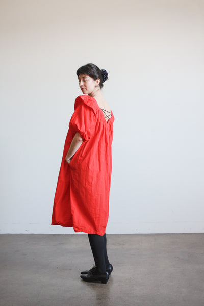 1980s Cherry Red Cotton Puff Sleeve Trapeez Dress