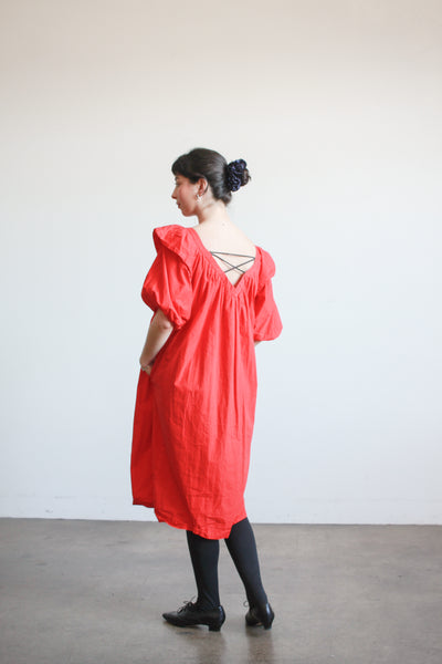 1980s Cherry Red Cotton Puff Sleeve Trapeez Dress