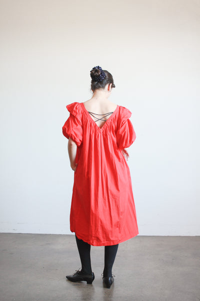 1980s Cherry Red Cotton Puff Sleeve Trapeez Dress