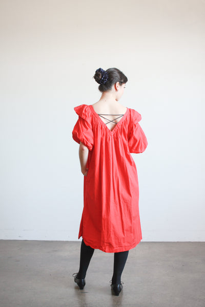 1980s Cherry Red Cotton Puff Sleeve Trapeez Dress
