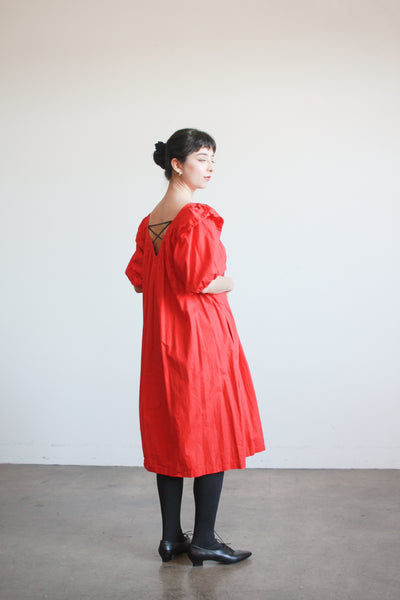 1980s Cherry Red Cotton Puff Sleeve Trapeez Dress