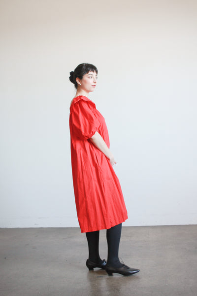 1980s Cherry Red Cotton Puff Sleeve Trapeez Dress