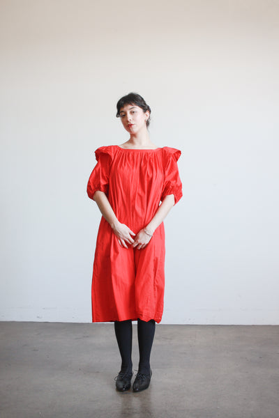 1980s Cherry Red Cotton Puff Sleeve Trapeez Dress