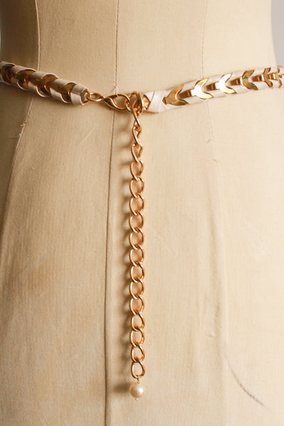 1980s White Leather Gold Link Belt