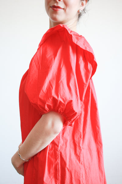 1980s Cherry Red Cotton Puff Sleeve Trapeez Dress