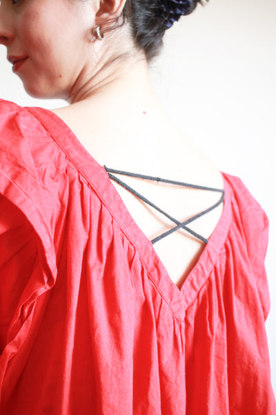 1980s Cherry Red Cotton Puff Sleeve Trapeez Dress