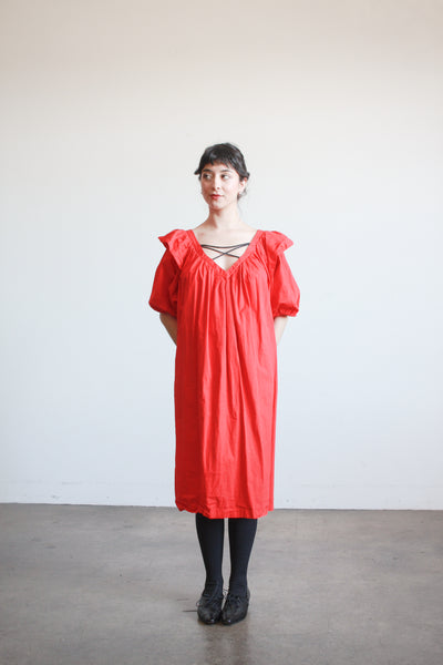 1980s Cherry Red Cotton Puff Sleeve Trapeez Dress