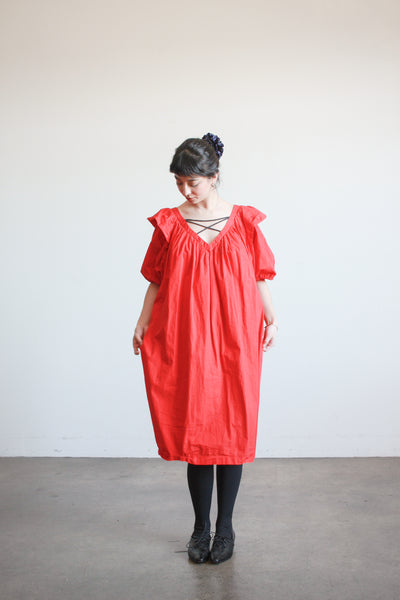 1980s Cherry Red Cotton Puff Sleeve Trapeez Dress