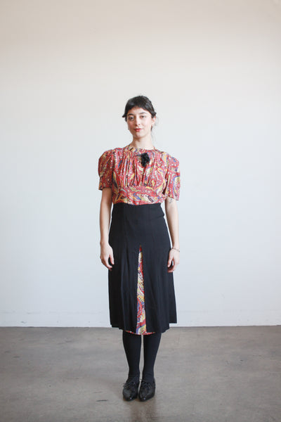 1940s Red and Black Rayon Paisley Dress