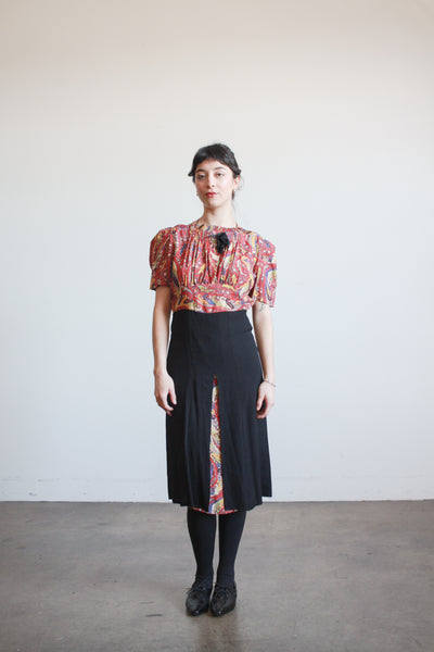 1940s Red and Black Rayon Paisley Dress