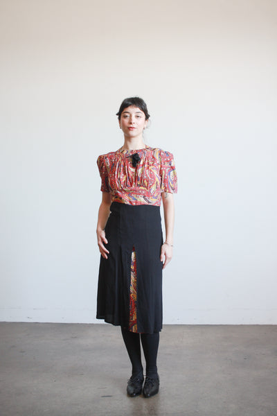 1940s Red and Black Rayon Paisley Dress