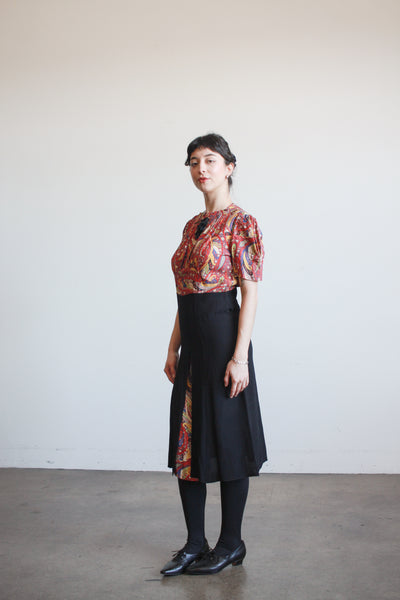 1940s Red and Black Rayon Paisley Dress
