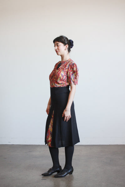 1940s Red and Black Rayon Paisley Dress