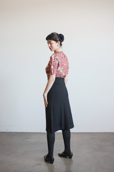1940s Red and Black Rayon Paisley Dress