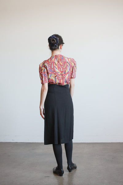 1940s Red and Black Rayon Paisley Dress