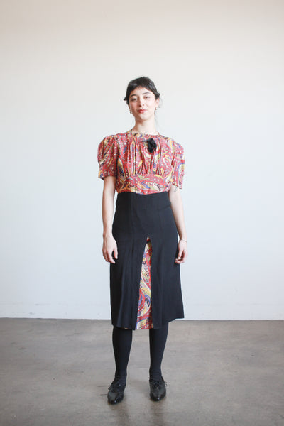 1940s Red and Black Rayon Paisley Dress